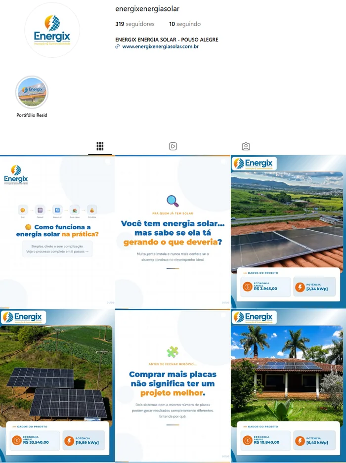 Perfil do Instagram energixenergiasolar com publicações de projetos instalados, dados de economia anual e posts educativos sobre energia solar.
