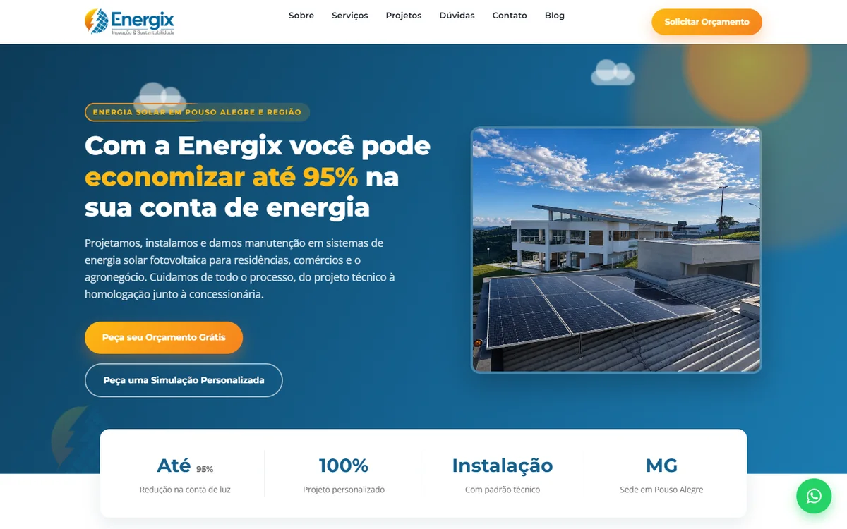 Página inicial do site da Energix Energia Solar, com o título sobre economia na conta de energia e botões de orçamento e simulação.